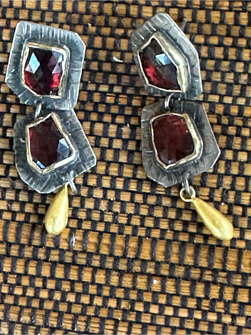 Artisan Silver & Gold Drop Earrings with Deep garnet Stones